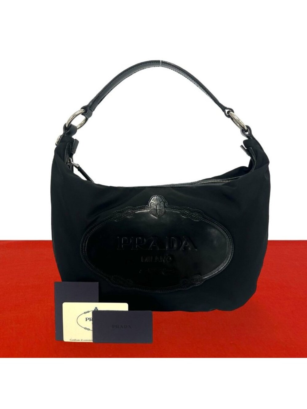 Prada Logo Stamp Tessuto Pocono Nylon Patent Shoulder Bag Black